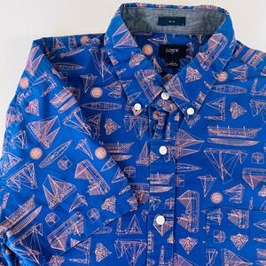 J.Crew Mens Slim Fit Blue Nautical Sailboat Print Cotton Shirt L E7910